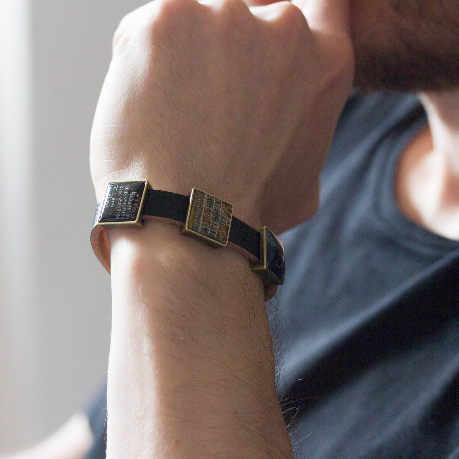 Unisex Black Leather Bracelet with Recycled Circuit Board Beads – Adjustable Handmade Tech-Inspired Jewelry