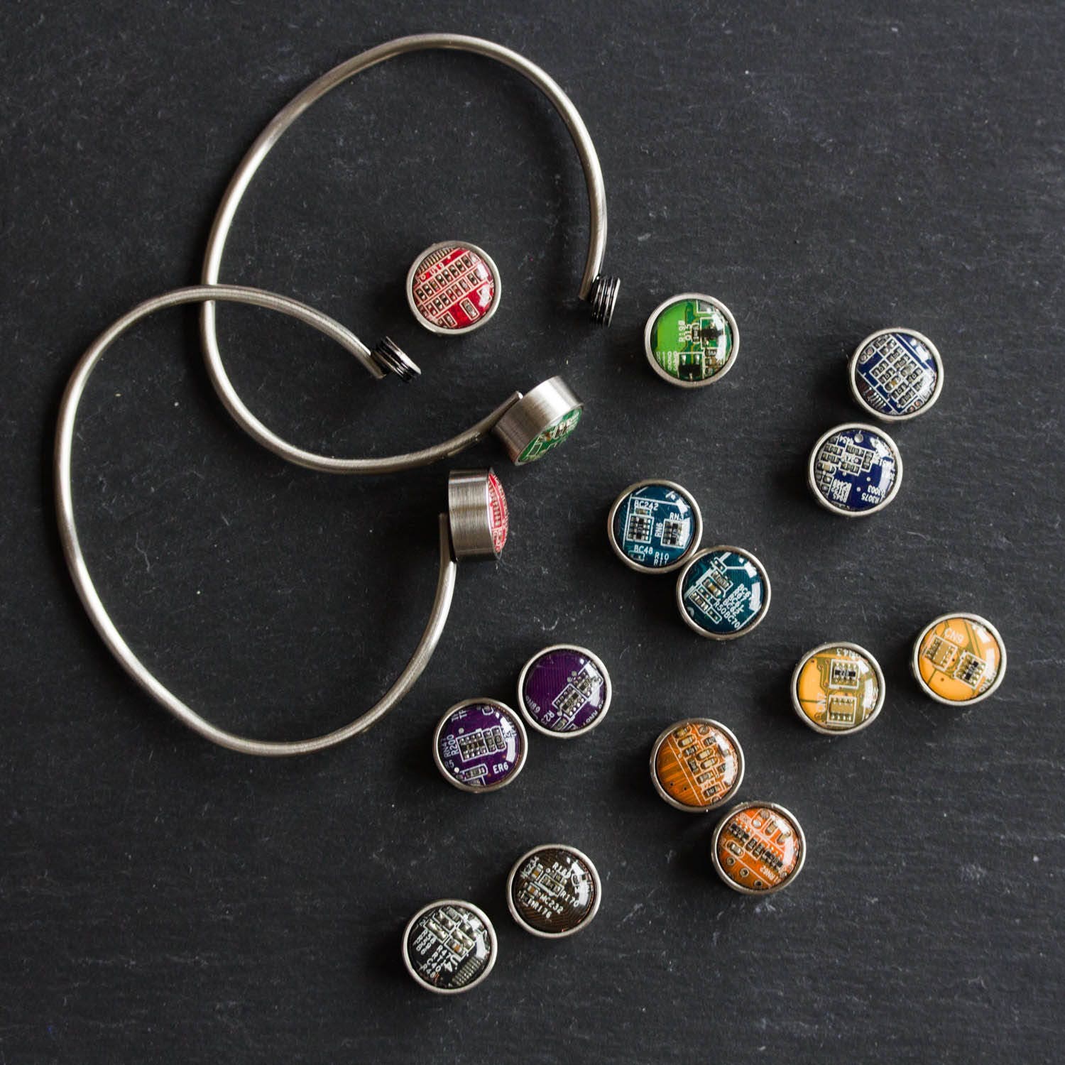 Unisex Bangle Bracelet with Interchangeable Recycled Circuit Board Buttons – Handmade Eco-Tech Jewelry