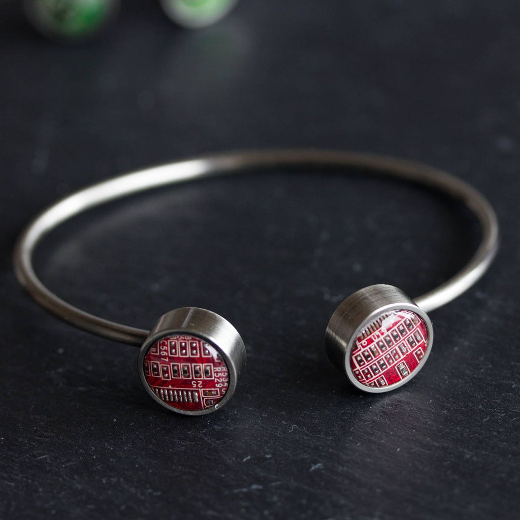 Unisex Bangle Bracelet with Interchangeable Recycled Circuit Board Buttons – Handmade Eco-Tech Jewelry