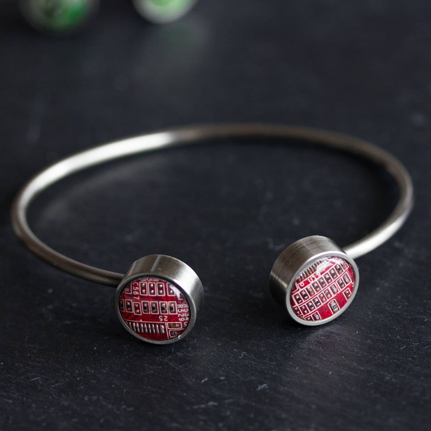 Unisex Bangle Bracelet with Interchangeable Recycled Circuit Board Buttons – Handmade Eco-Tech Jewelry