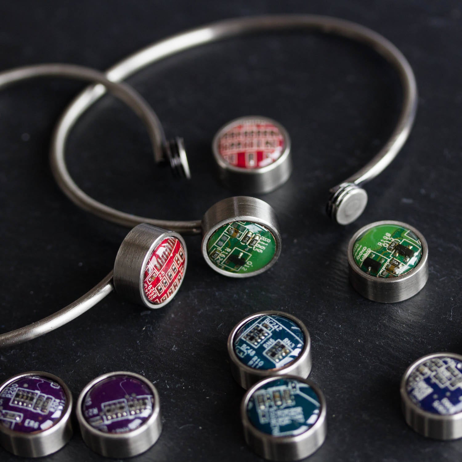 Unisex Bangle Bracelet with Interchangeable Recycled Circuit Board Buttons – Handmade Eco-Tech Jewelry