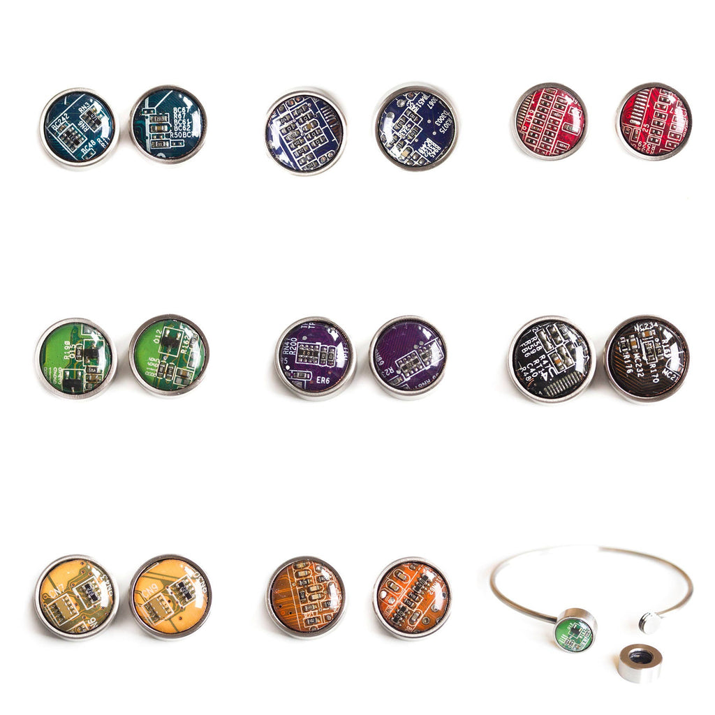Unisex Bangle Bracelet with Interchangeable Recycled Circuit Board Buttons – Handmade Eco-Tech Jewelry