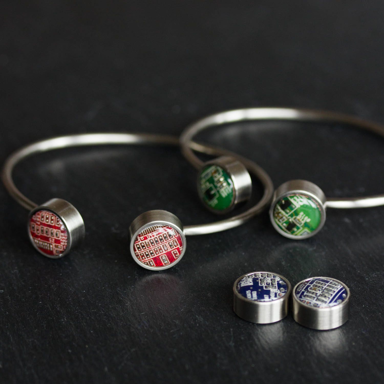 Unisex Bangle Bracelet with Interchangeable Recycled Circuit Board Buttons – Handmade Eco-Tech Jewelry