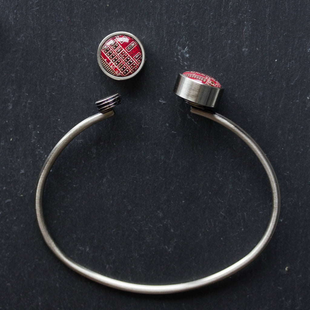 Unisex Bangle Bracelet with Interchangeable Recycled Circuit Board Buttons – Handmade Eco-Tech Jewelry