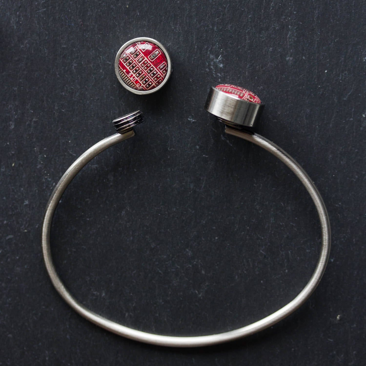 Unisex Bangle Bracelet with Interchangeable Recycled Circuit Board Buttons – Handmade Eco-Tech Jewelry