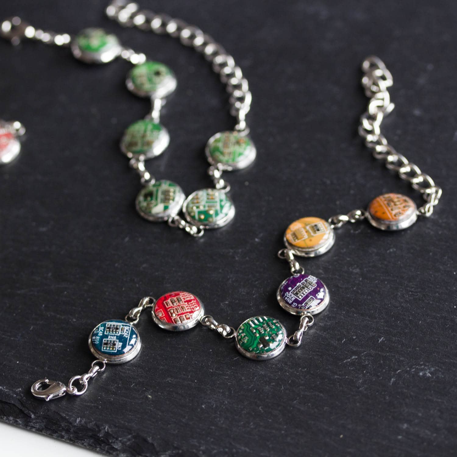 Recycled Circuit Board Bracelet – Handmade Rainbow Eco Jewelry from Upcycled Electronics