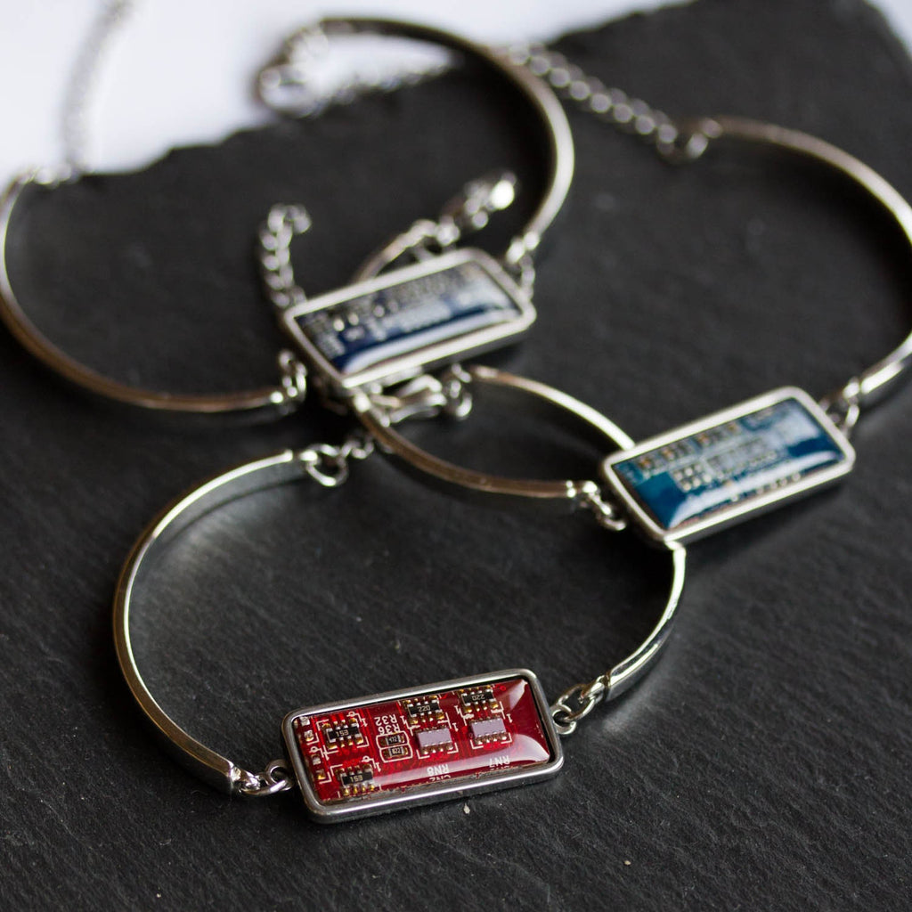 Recycled Circuit Board Bracelet – Handmade Adjustable Stainless Steel Unisex Jewelry