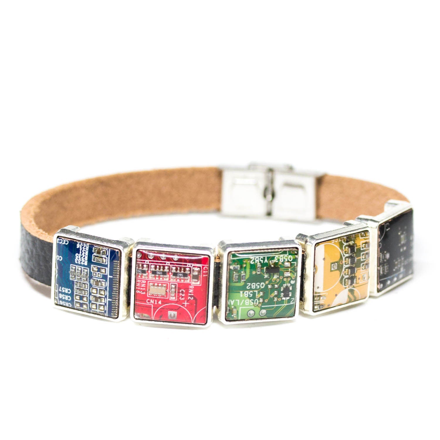 Unisex Black Leather Bracelet with Recycled Circuit Board Beads – Adjustable Handmade Tech-Inspired Jewelry