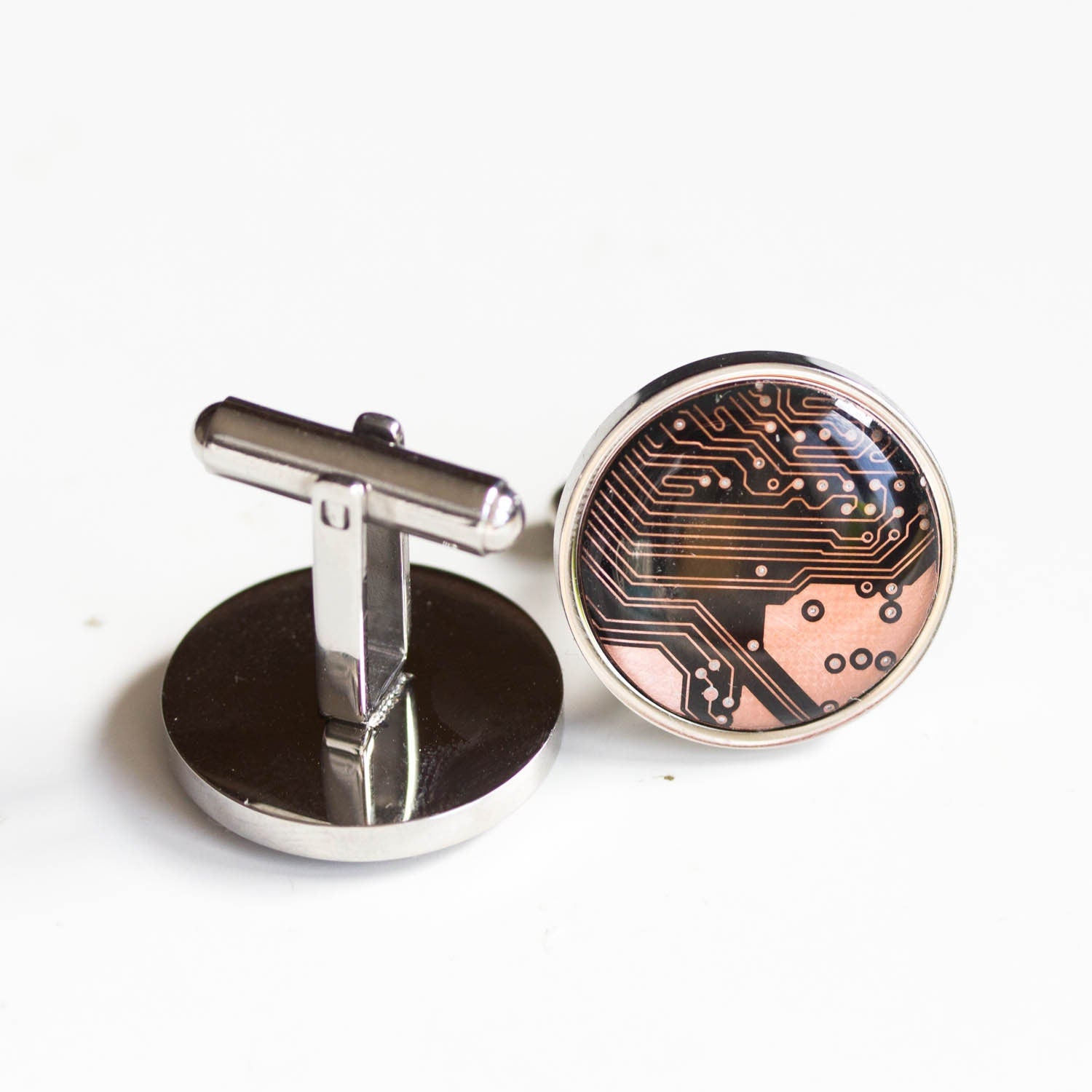 Black and Copper Circuit Board Cufflinks – Handmade Stainless Steel Eco-Tech Jewelry