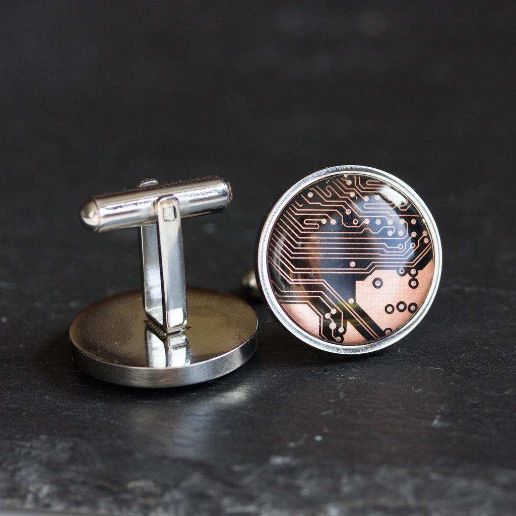 Black and Copper Circuit Board Cufflinks – Handmade Stainless Steel Eco-Tech Jewelry