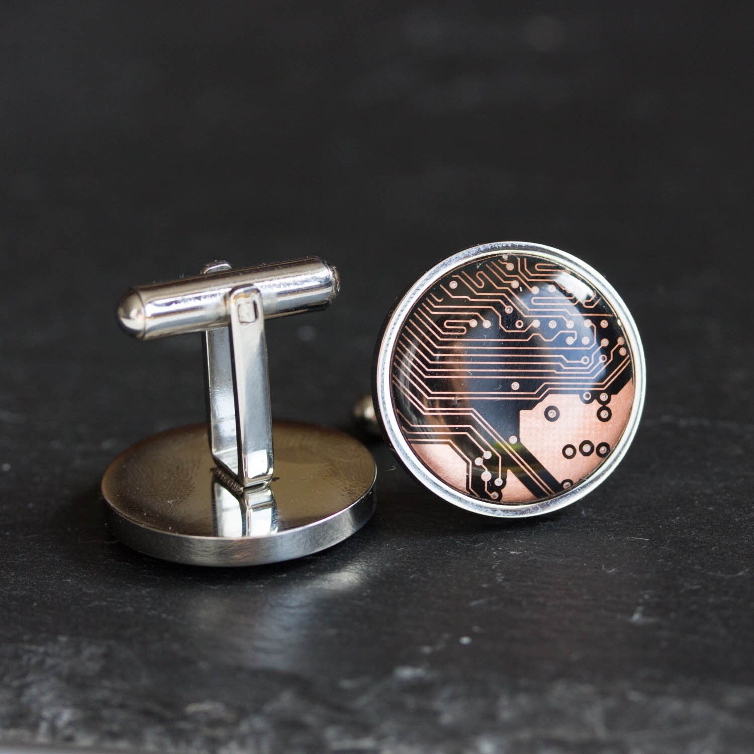 Black and Copper Circuit Board Cufflinks – Handmade Stainless Steel Eco-Tech Jewelry