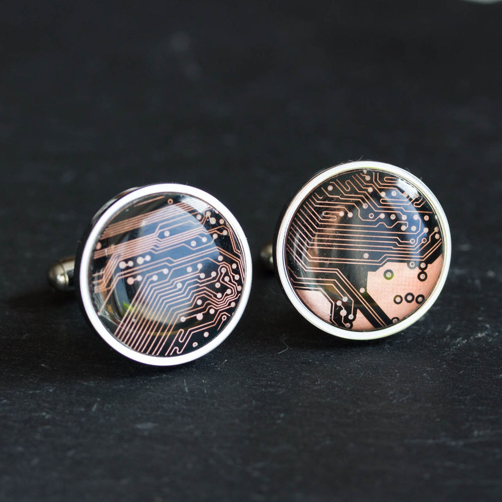 Black and Copper Circuit Board Cufflinks – Handmade Stainless Steel Eco-Tech Jewelry