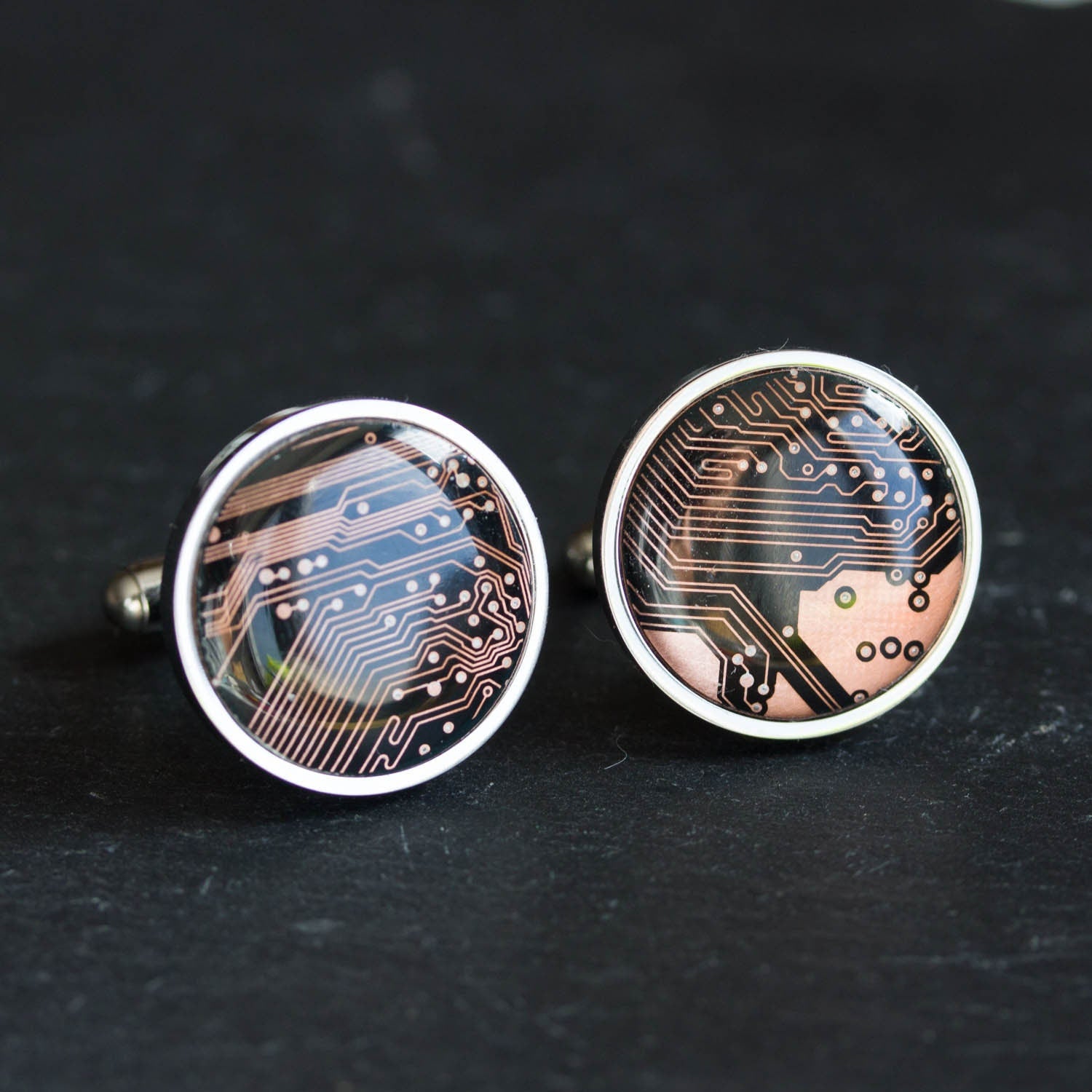 Black and Copper Circuit Board Cufflinks – Handmade Stainless Steel Eco-Tech Jewelry