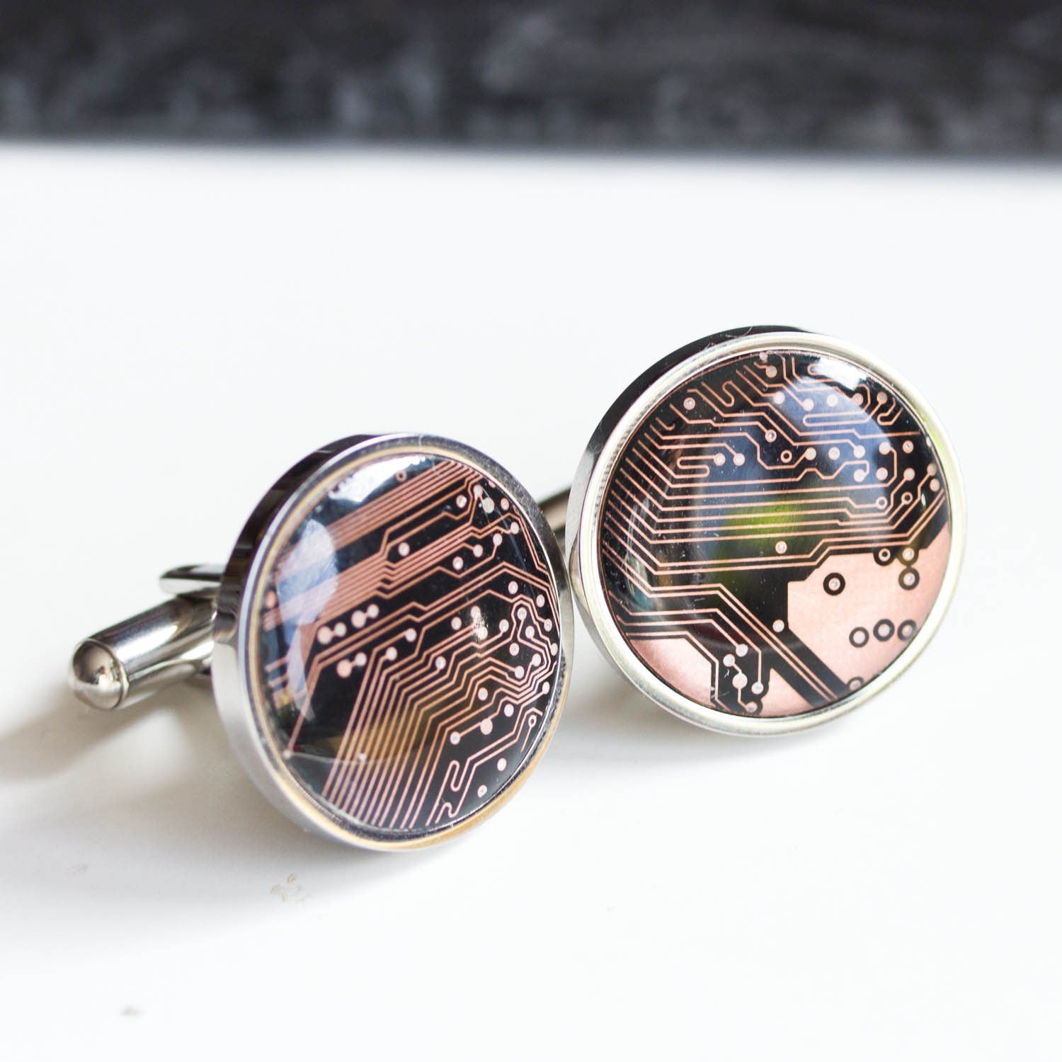 Black and Copper Circuit Board Cufflinks – Handmade Stainless Steel Eco-Tech Jewelry