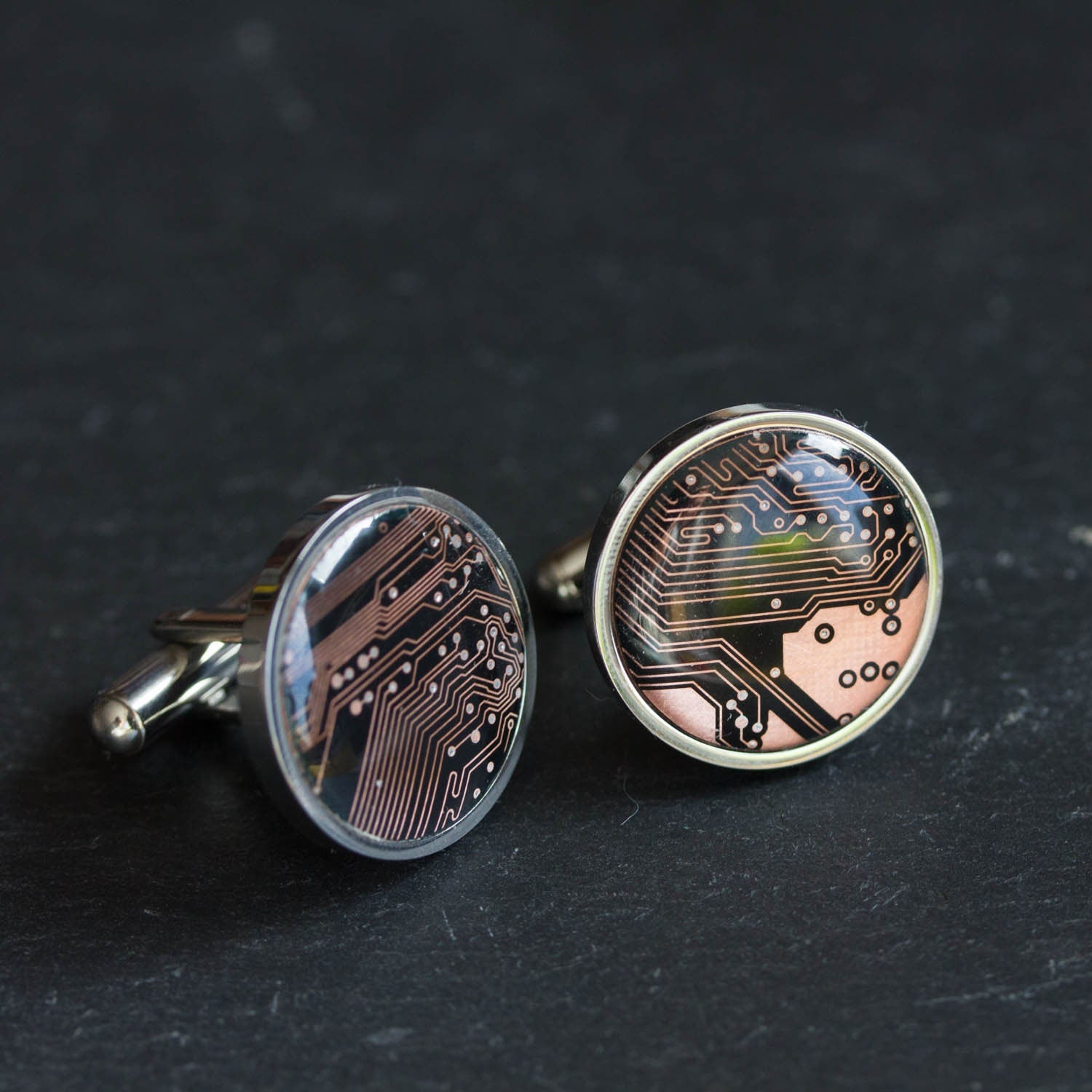 Black and Copper Circuit Board Cufflinks – Handmade Stainless Steel Eco-Tech Jewelry