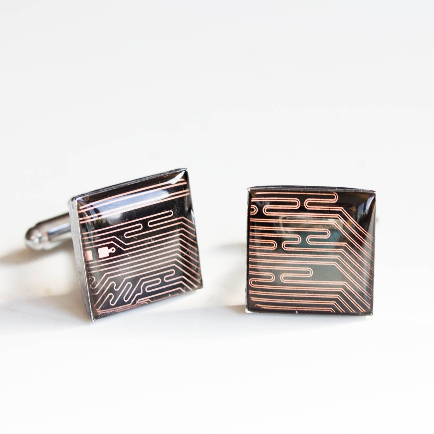 Black and Copper Circuit Board Cufflinks – Handmade Recycled Tech Jewelry with Palladium Finish
