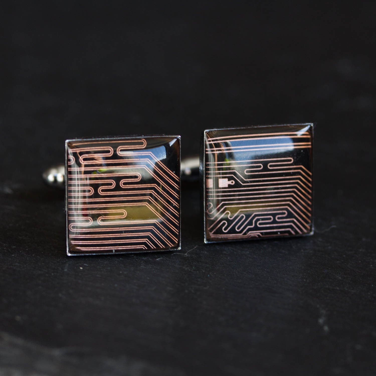 Black and Copper Circuit Board Cufflinks – Handmade Recycled Tech Jewelry with Palladium Finish