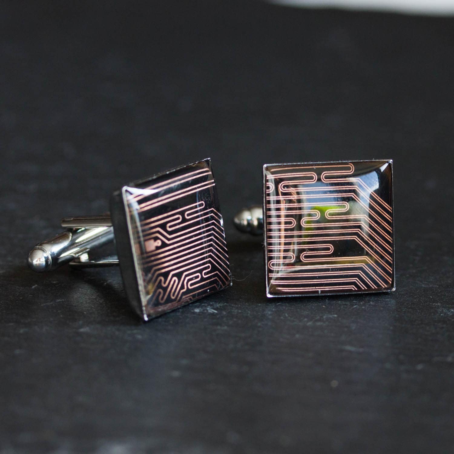 Black and Copper Circuit Board Cufflinks – Handmade Recycled Tech Jewelry with Palladium Finish