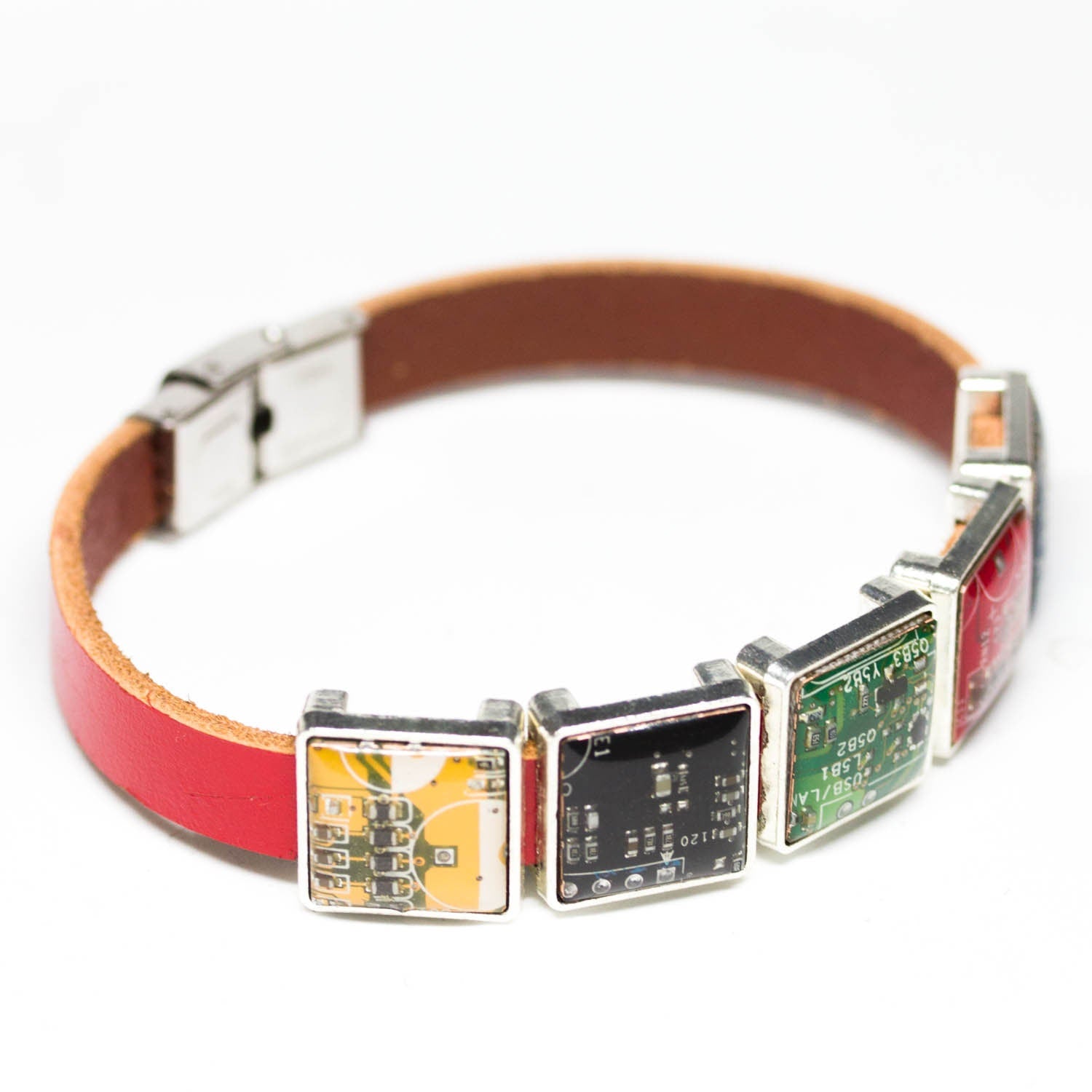 Unisex Black Leather Bracelet with Recycled Circuit Board Beads – Adjustable Handmade Tech-Inspired Jewelry