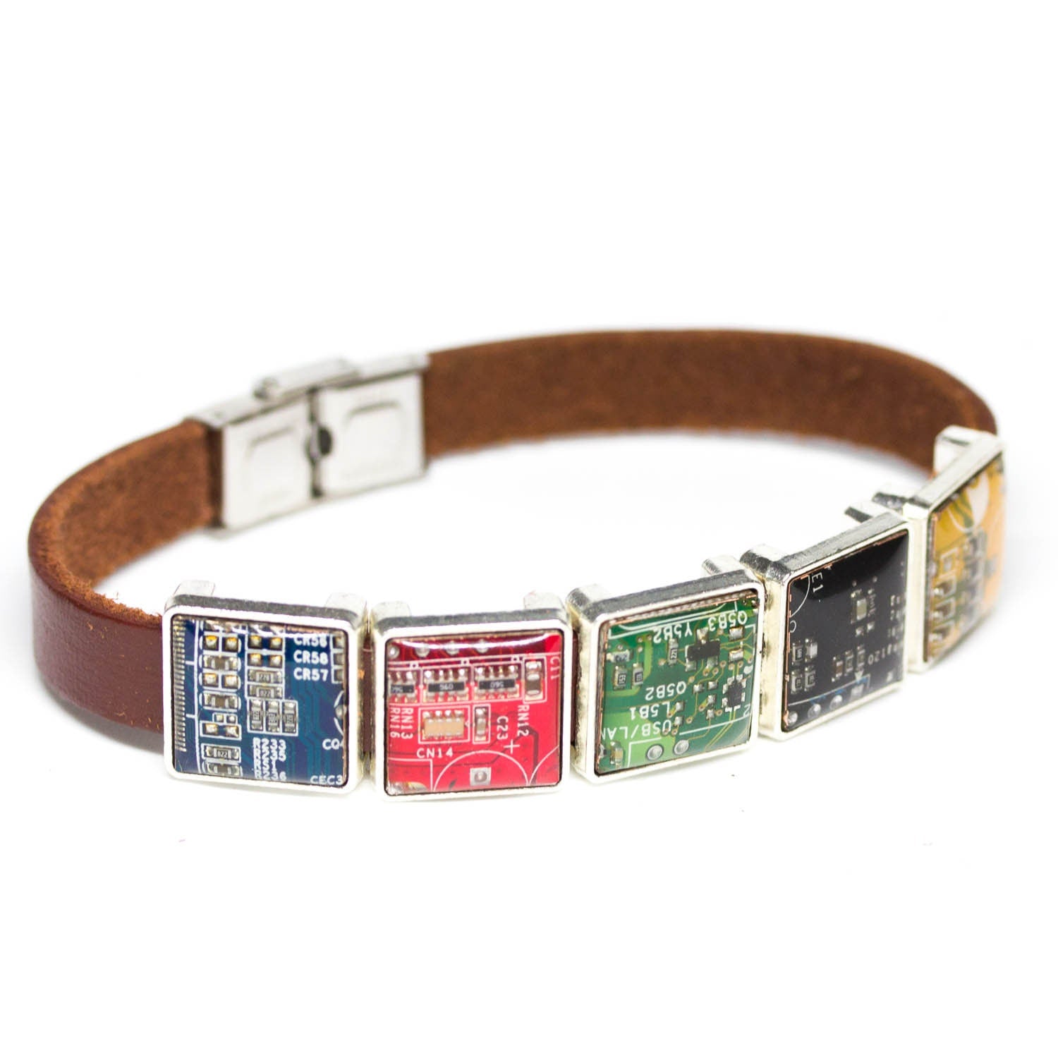 Unisex Black Leather Bracelet with Recycled Circuit Board Beads – Adjustable Handmade Tech-Inspired Jewelry