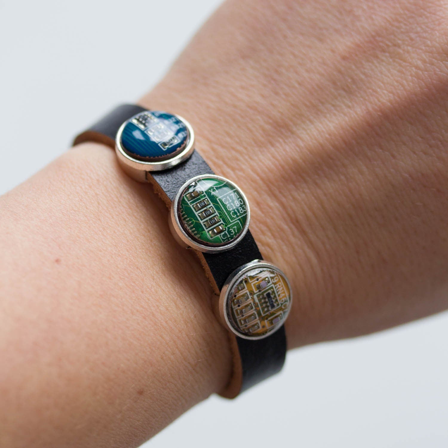 Unisex Black Leather Bracelet with Recycled Circuit Board Beads – Adjustable Handmade Eco Jewelry