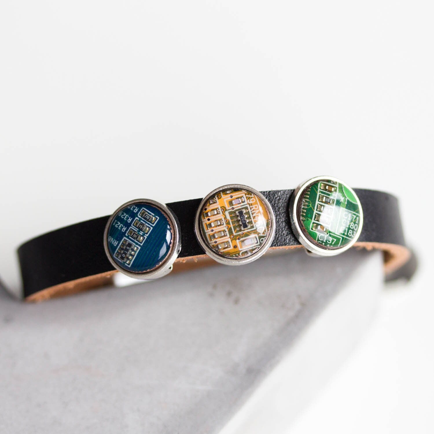 Unisex Black Leather Bracelet with Recycled Circuit Board Beads – Adjustable Handmade Eco Jewelry