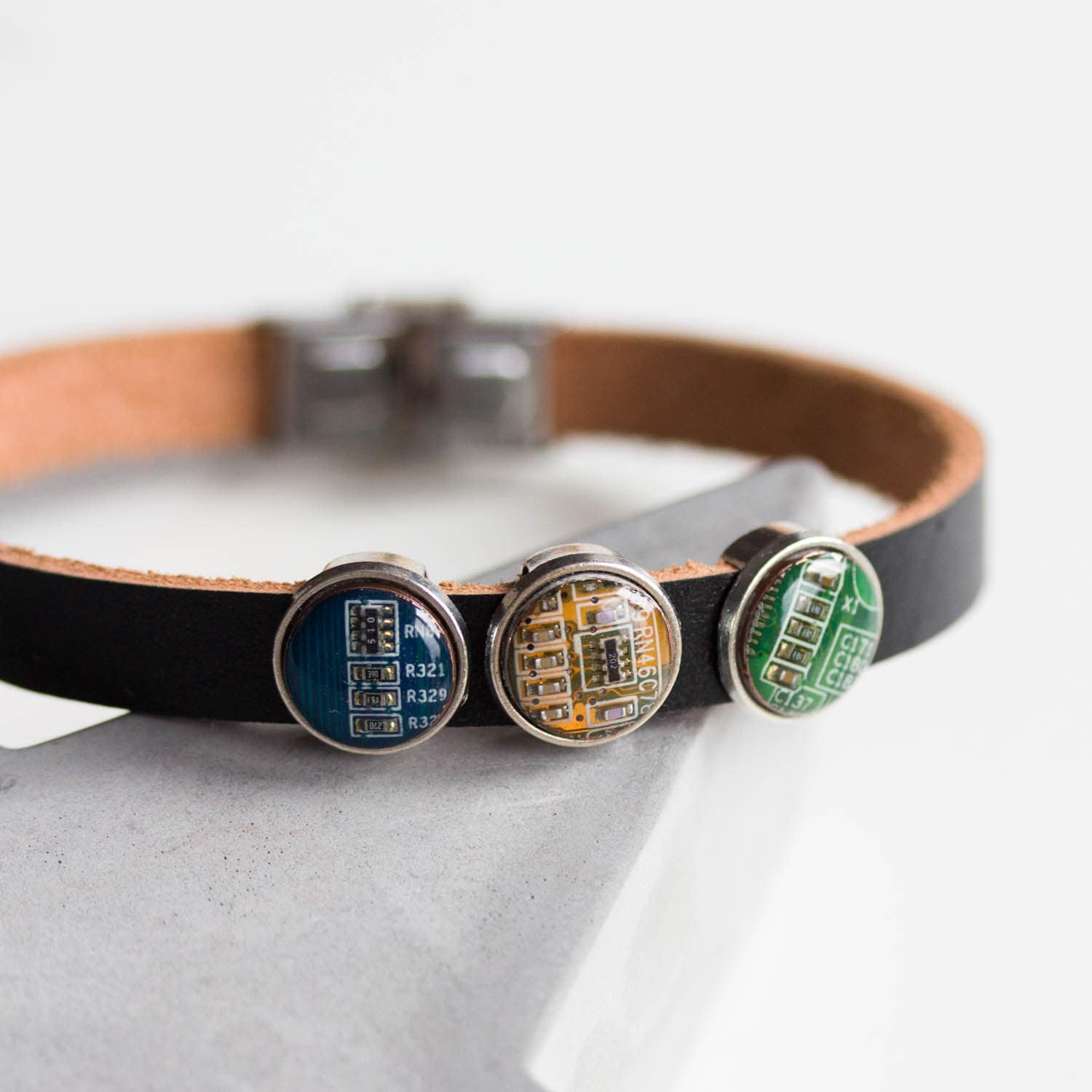 Unisex Black Leather Bracelet with Recycled Circuit Board Beads – Adjustable Handmade Eco Jewelry