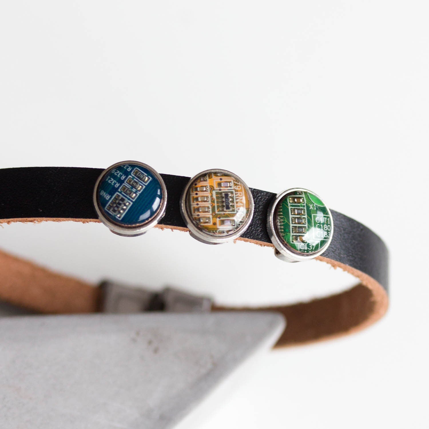 Unisex Black Leather Bracelet with Recycled Circuit Board Beads – Adjustable Handmade Eco Jewelry