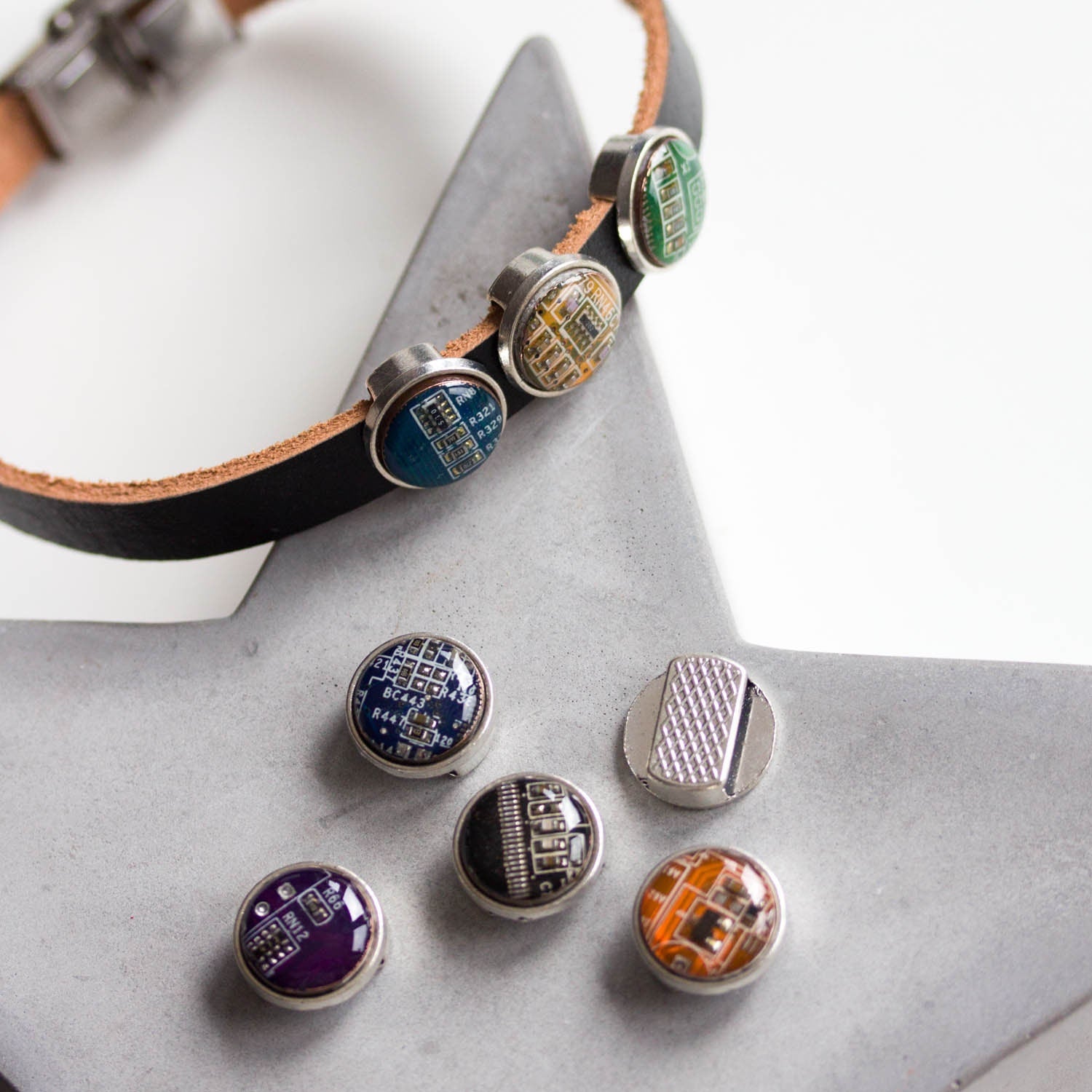 Unisex Black Leather Bracelet with Recycled Circuit Board Beads – Adjustable Handmade Eco Jewelry