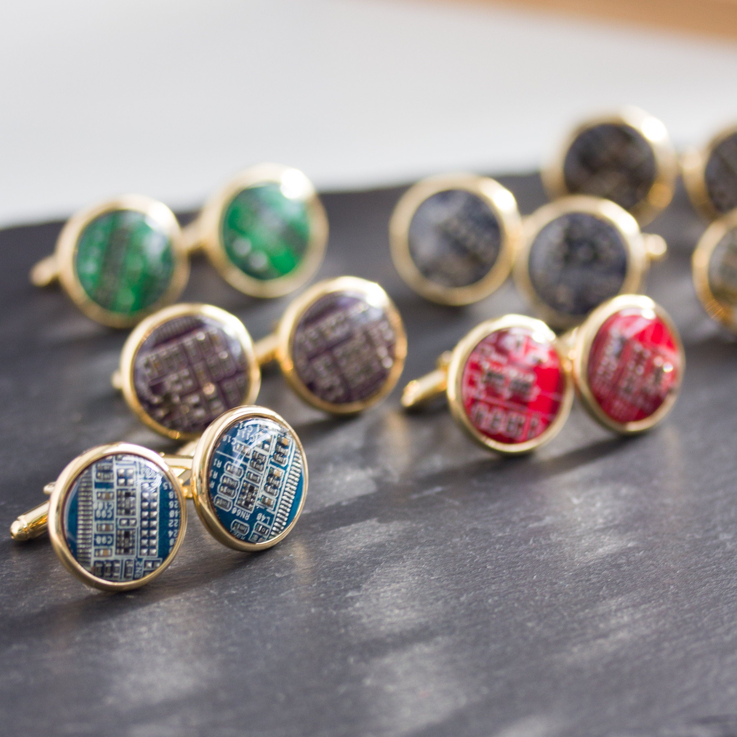 Gold-Tone Circuit Board Cufflinks – Handmade Recycled Computer Jewelry (18 mm)