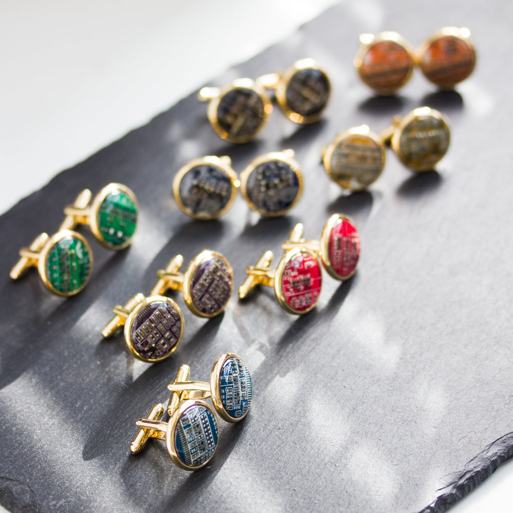 Gold-Tone Circuit Board Cufflinks – Handmade Recycled Computer Jewelry (18 mm)