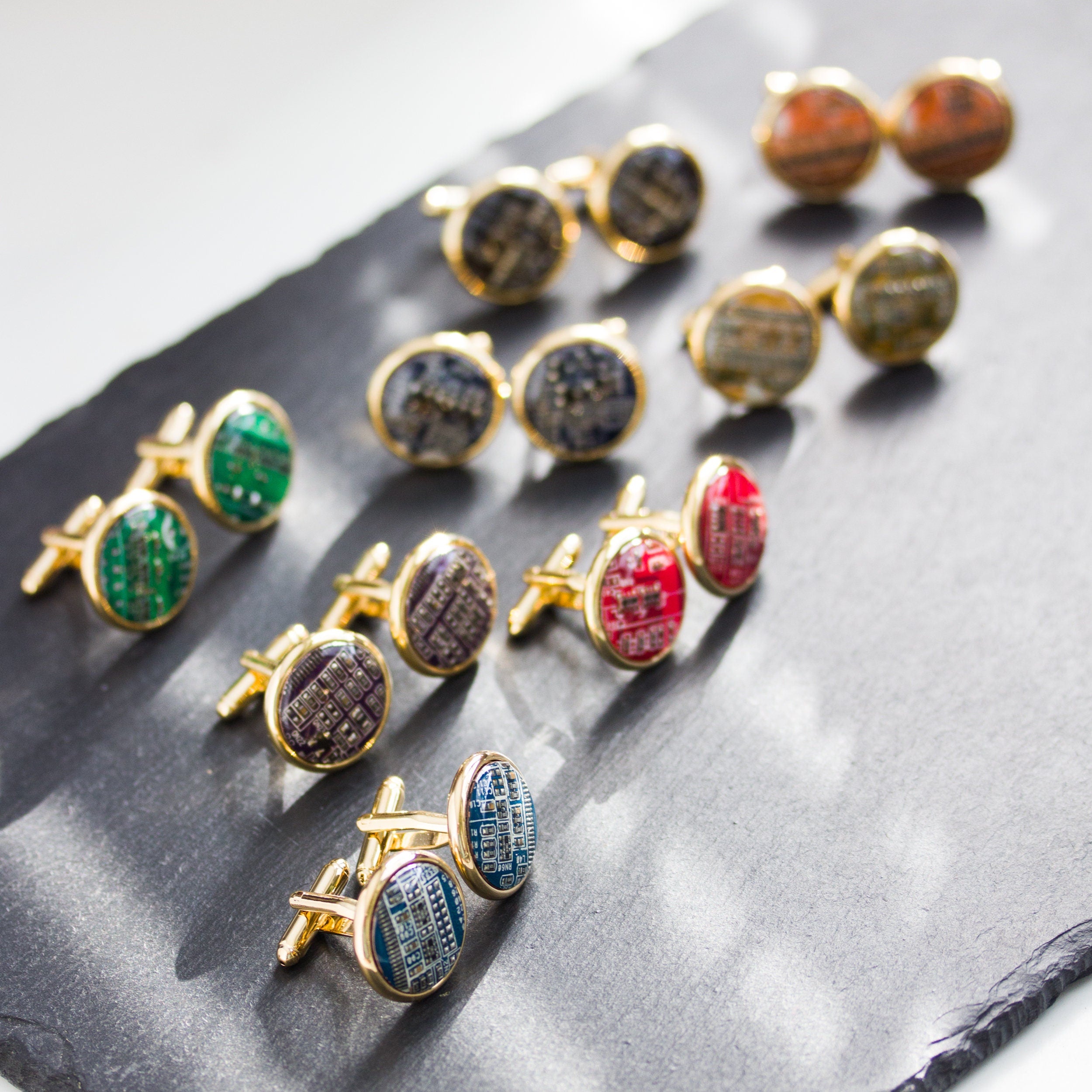 Gold-Tone Circuit Board Cufflinks – Handmade Recycled Computer Jewelry (18 mm)