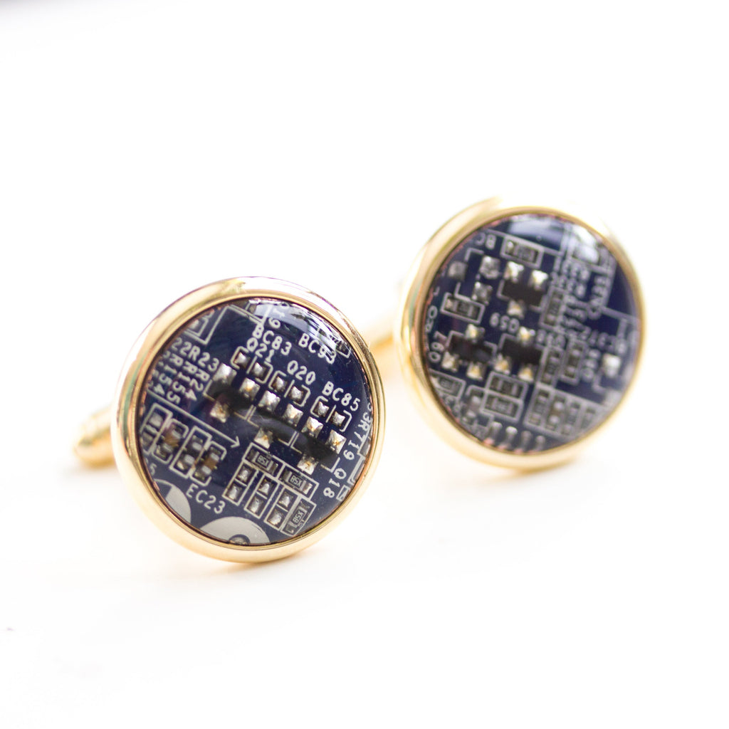 Gold-Tone Circuit Board Cufflinks – Handmade Recycled Computer Jewelry (18 mm)