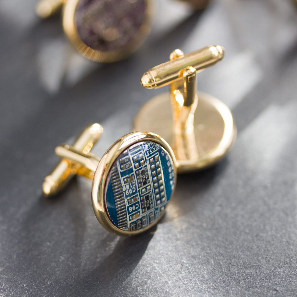 Gold-Tone Circuit Board Cufflinks – Handmade Recycled Computer Jewelry (18 mm)