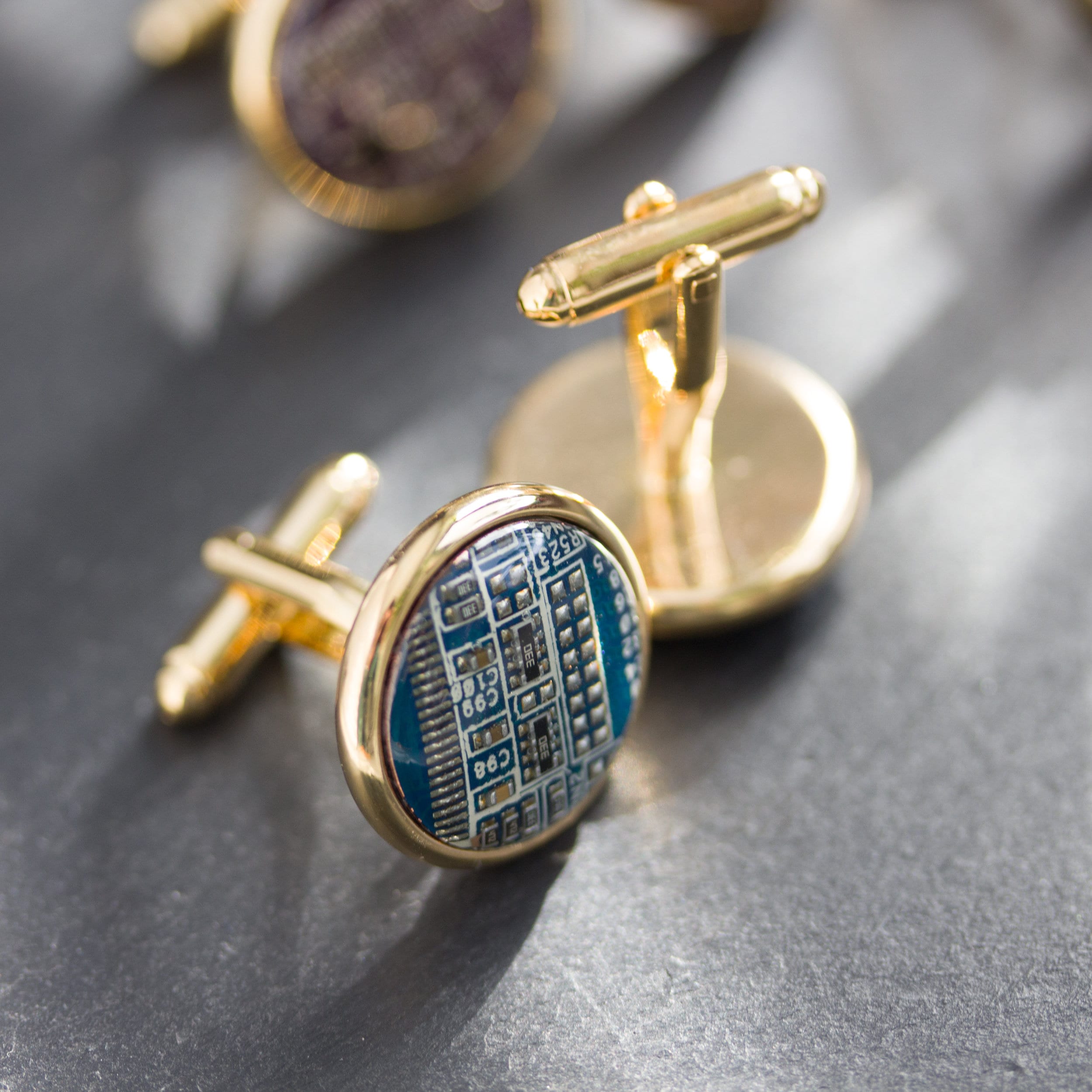 Gold-Tone Circuit Board Cufflinks – Handmade Recycled Computer Jewelry (18 mm)
