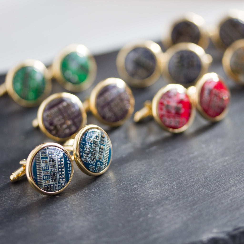 Gold-Tone Circuit Board Cufflinks – Handmade Recycled Computer Jewelry (18 mm)