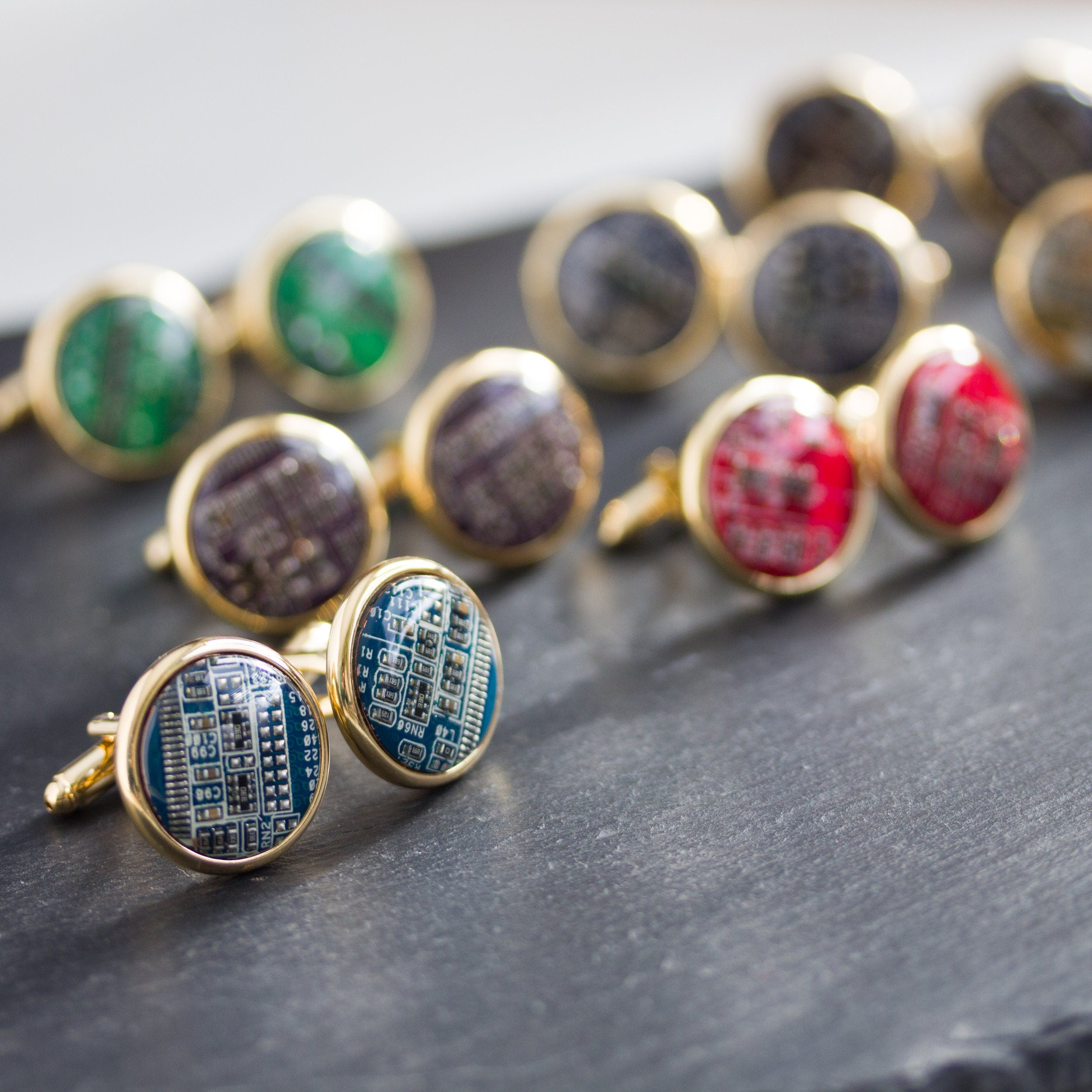Gold-Tone Circuit Board Cufflinks – Handmade Recycled Computer Jewelry (18 mm)