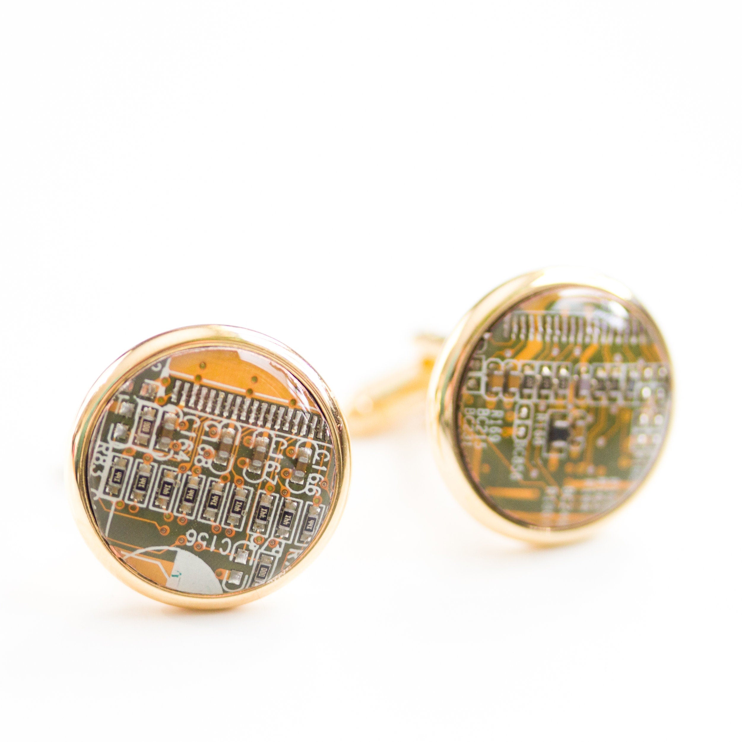 Gold-Tone Circuit Board Cufflinks – Handmade Recycled Computer Jewelry (18 mm)