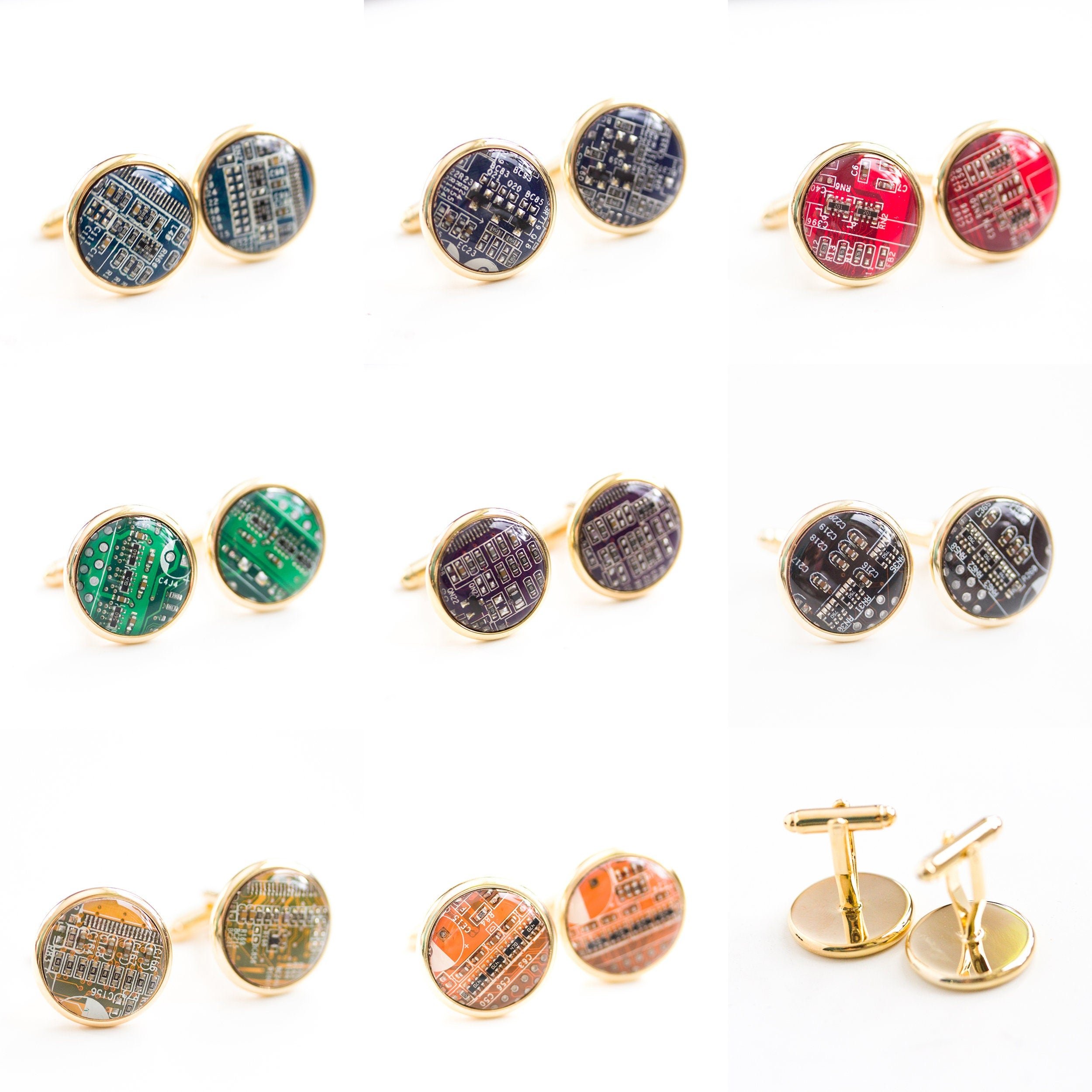 Gold-Tone Circuit Board Cufflinks – Handmade Recycled Computer Jewelry (18 mm)