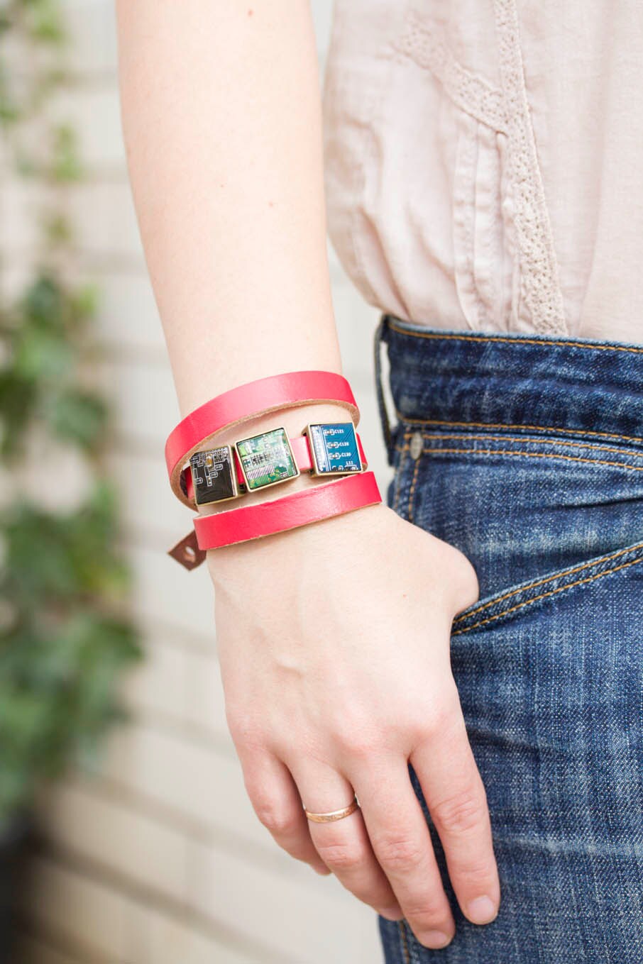 Customizable Leather Wrap Bracelet with Recycled Circuit Board Resin Beads – Handmade Eco-Tech Jewelry