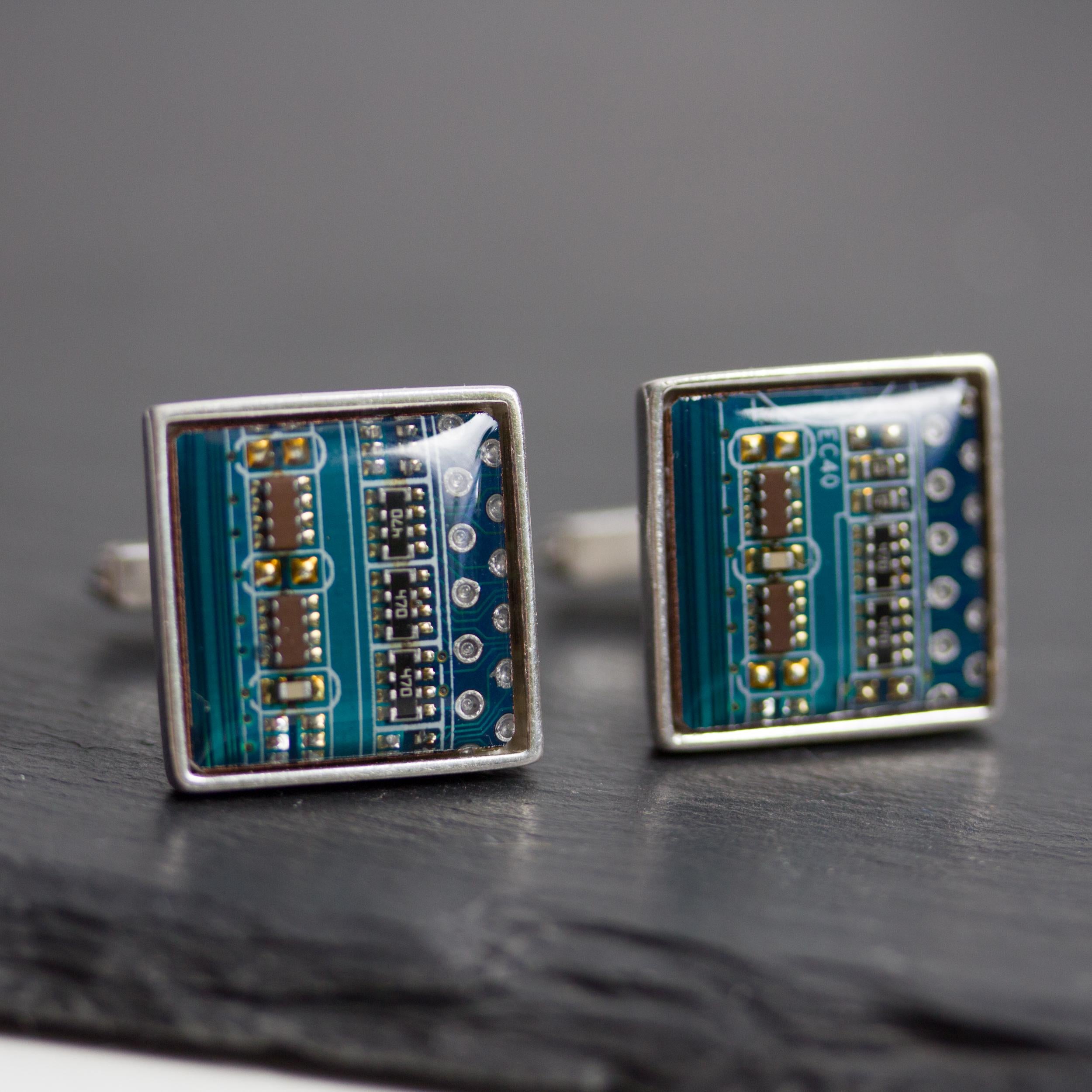Sterling Silver Circuit Board Cufflinks – Handmade Eco-Tech Jewelry with Recycled Materials