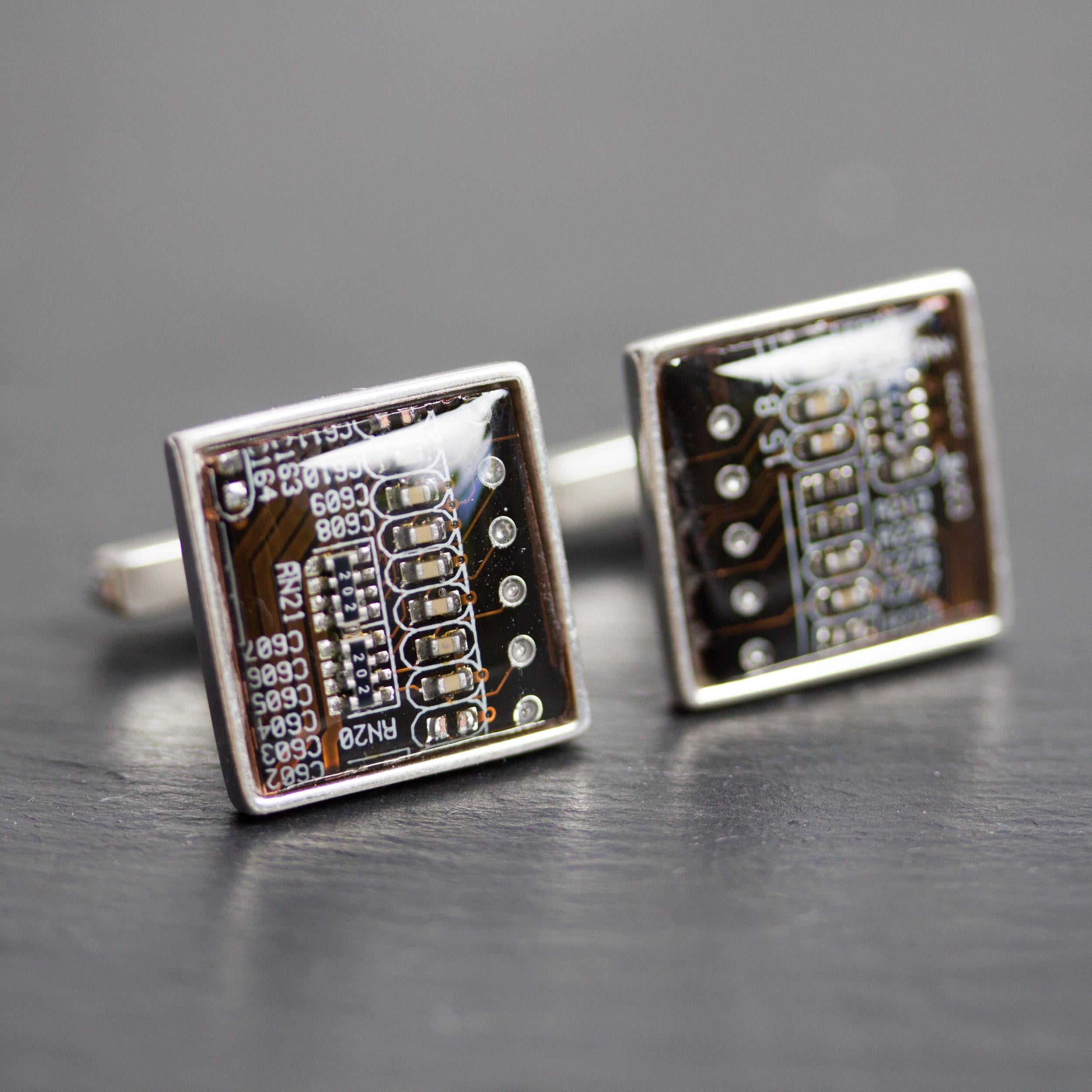 Sterling Silver Circuit Board Cufflinks – Handmade Eco-Tech Jewelry with Recycled Materials