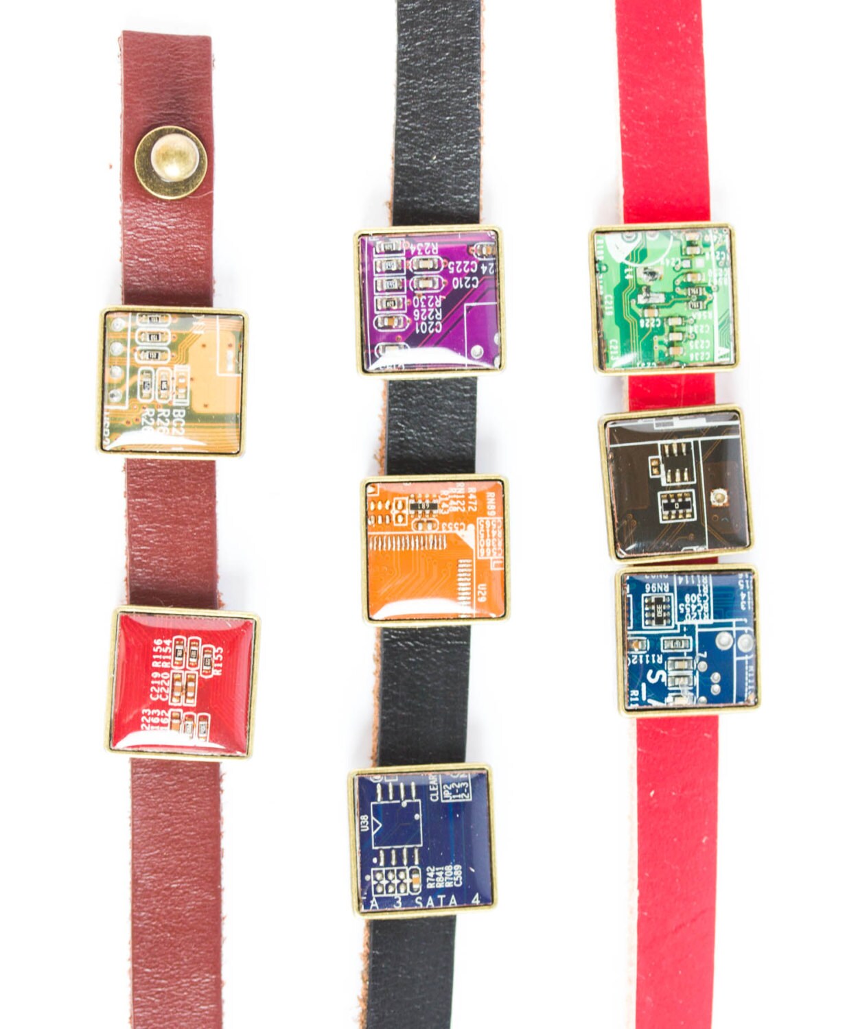 Customizable Leather Wrap Bracelet with Recycled Circuit Board Resin Beads – Handmade Eco-Tech Jewelry