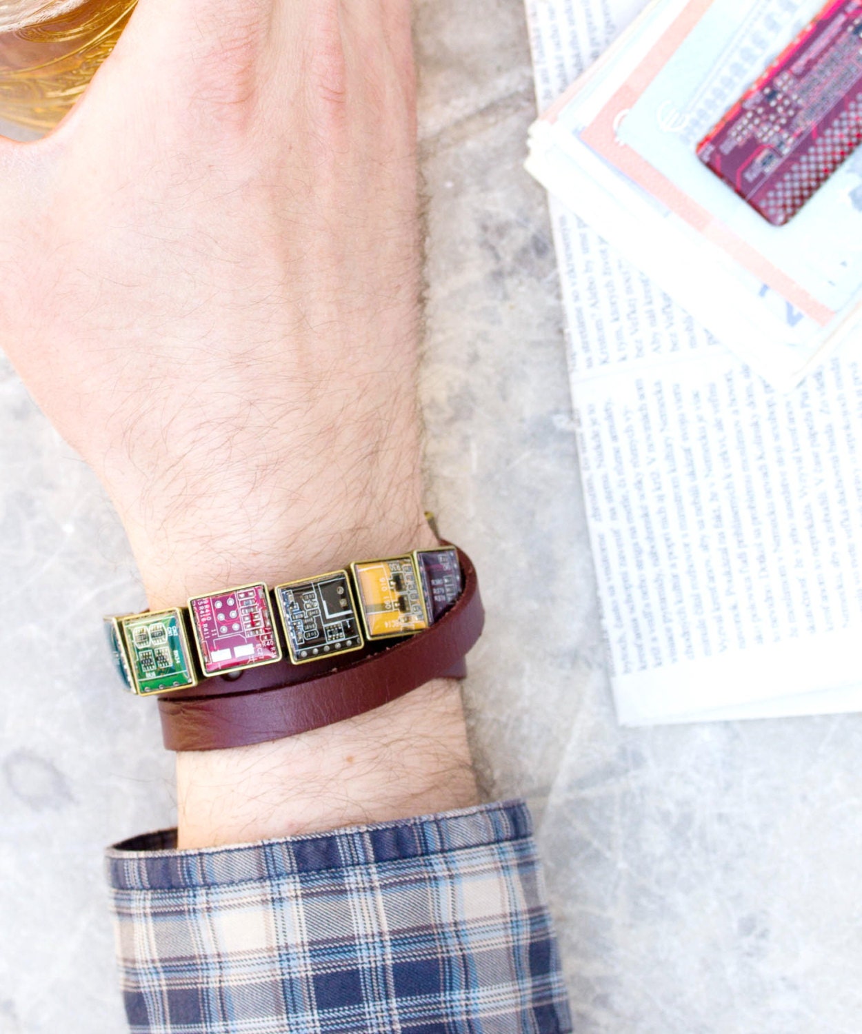 Customizable Leather Wrap Bracelet with Recycled Circuit Board Resin Beads – Handmade Eco-Tech Jewelry