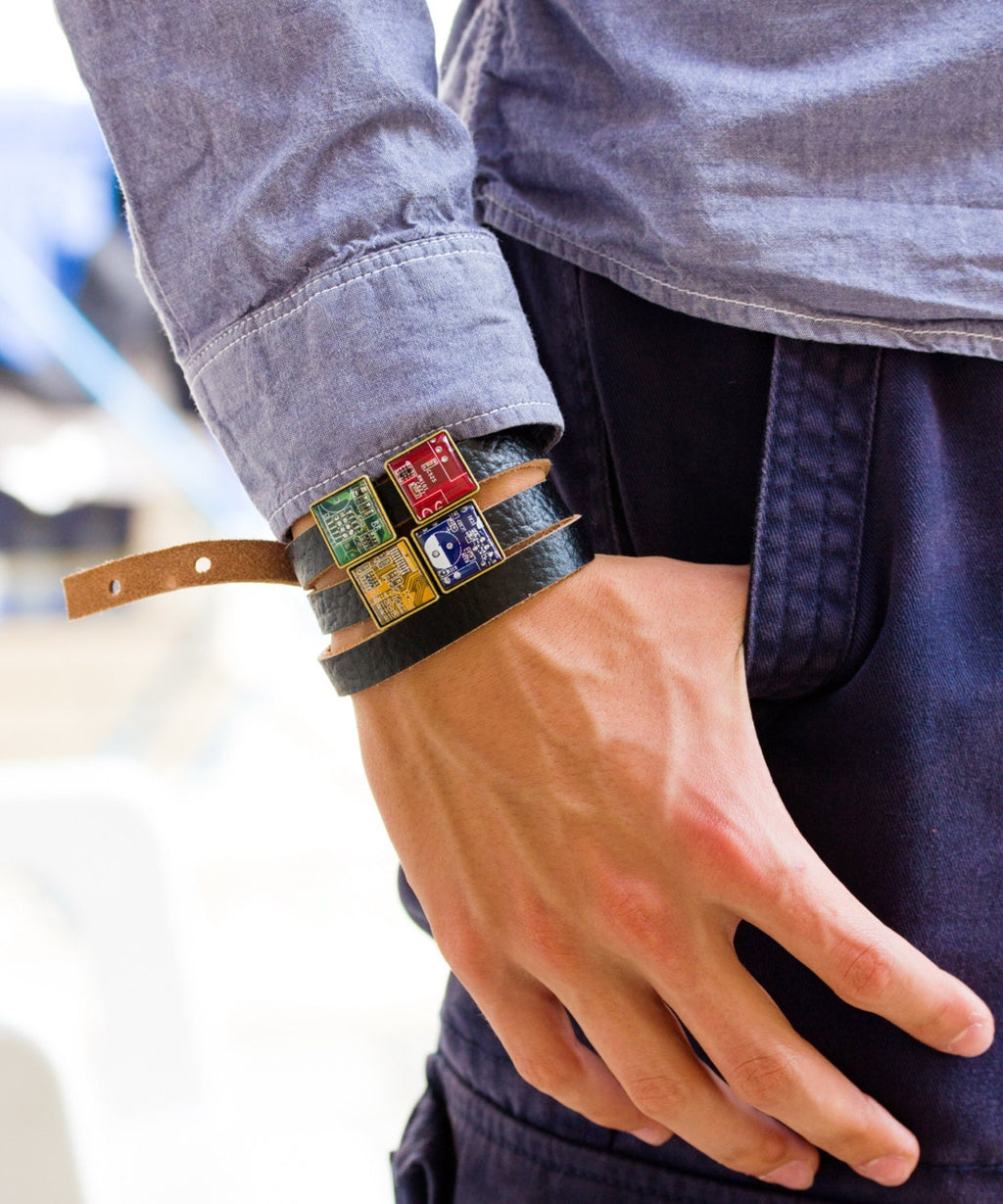 Customizable Leather Wrap Bracelet with Recycled Circuit Board Resin Beads – Handmade Eco-Tech Jewelry