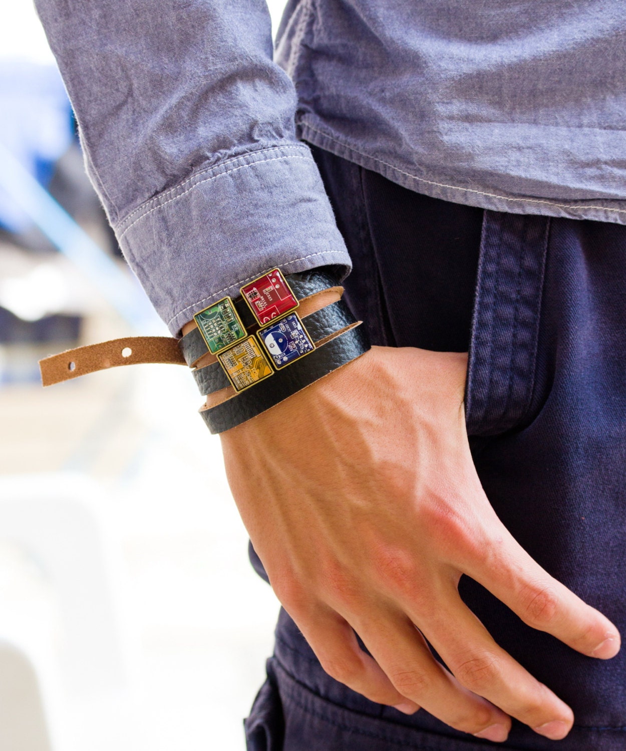 Customizable Leather Wrap Bracelet with Recycled Circuit Board Resin Beads – Handmade Eco-Tech Jewelry